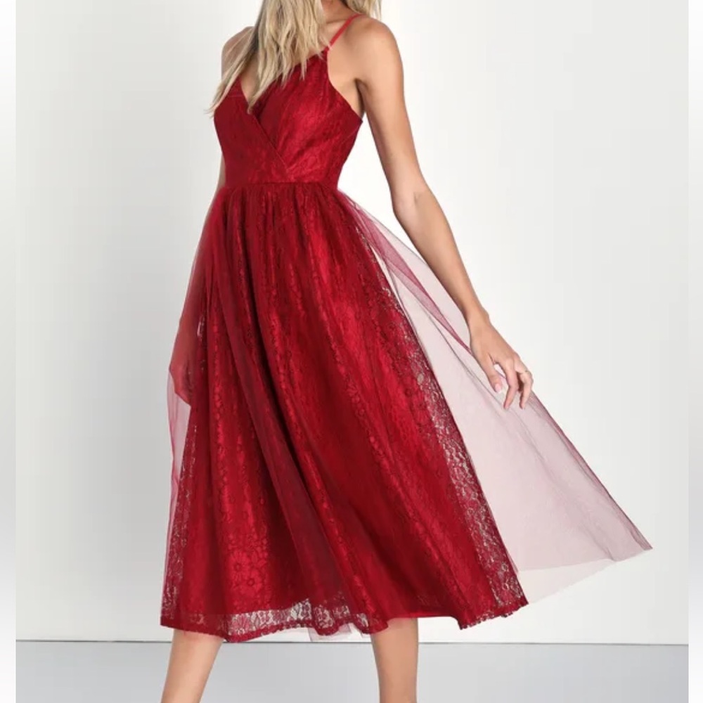 Lulus Looking So Sweet Red Lace Tulle Midi Skater Dress